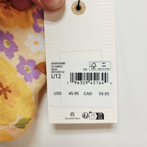 Billabong Womens Floral Yellow Crop Top Size L 12 Adjustable Straps Smocked Back - Picture 3 of 8